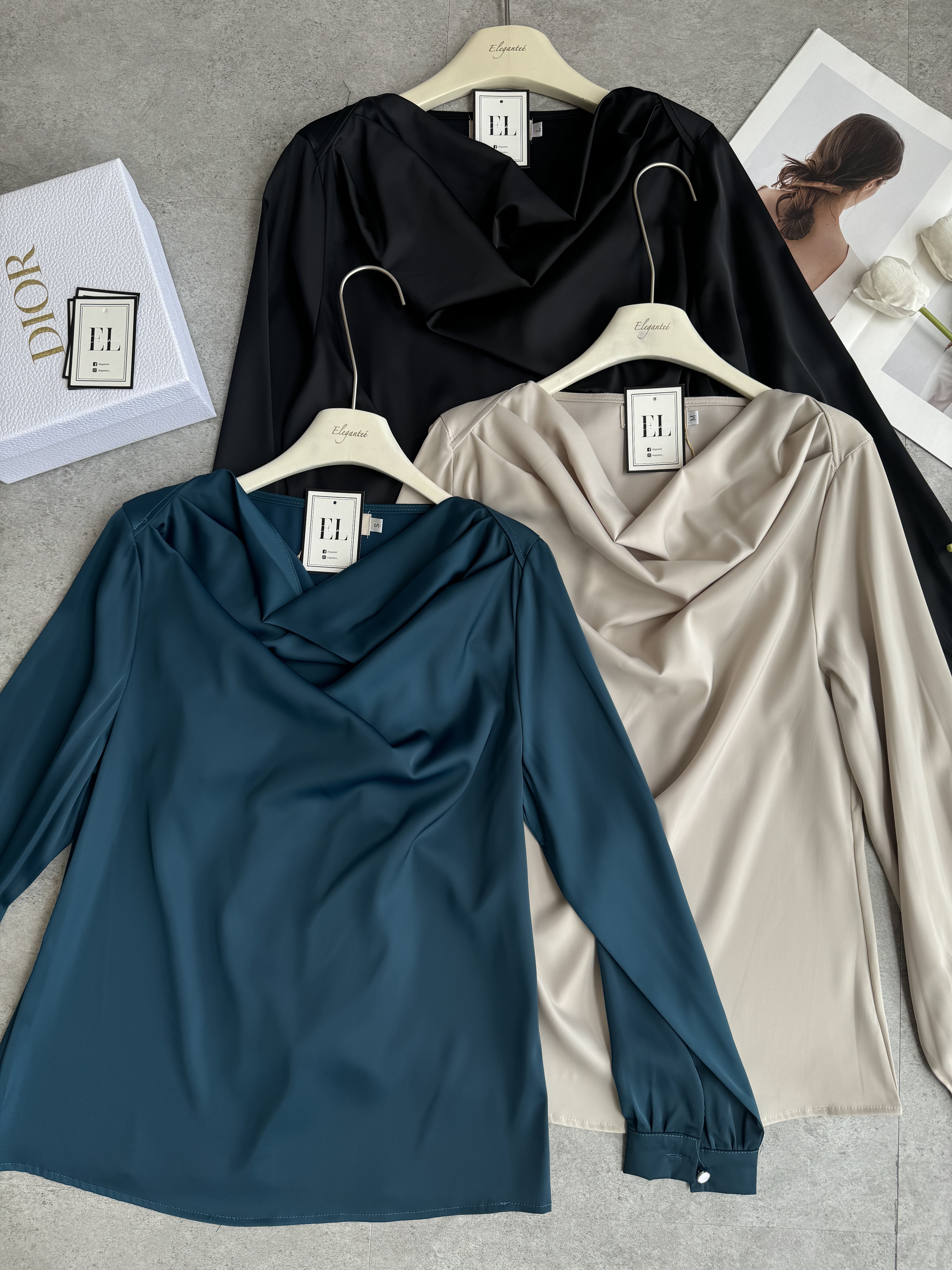 缎面波浪领长袖知性风Top