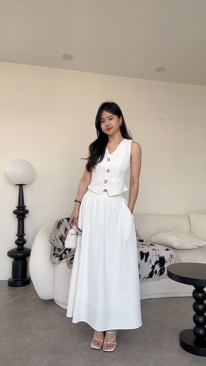  知性金扣拉链长裙套装