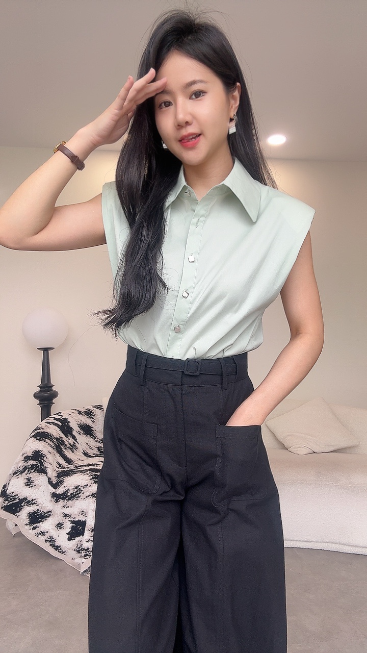 梭织垫肩方扣衬衫