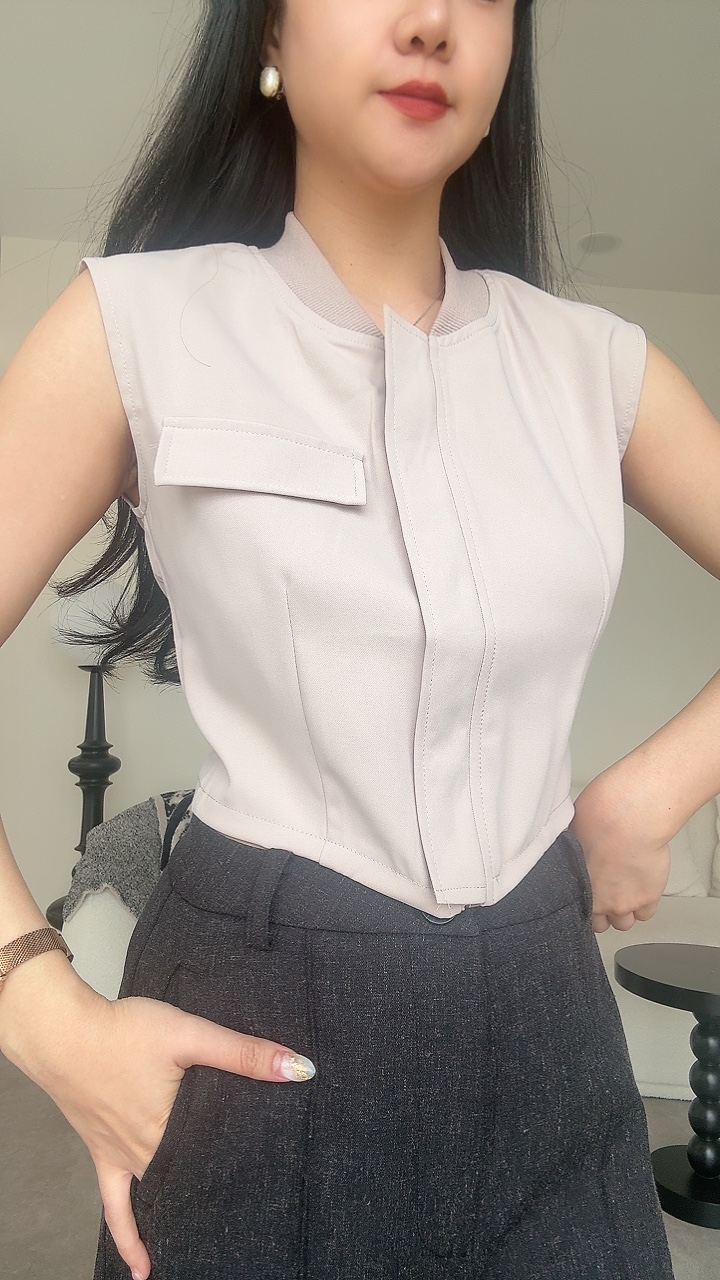 滑面棒球风无袖拉链上衣