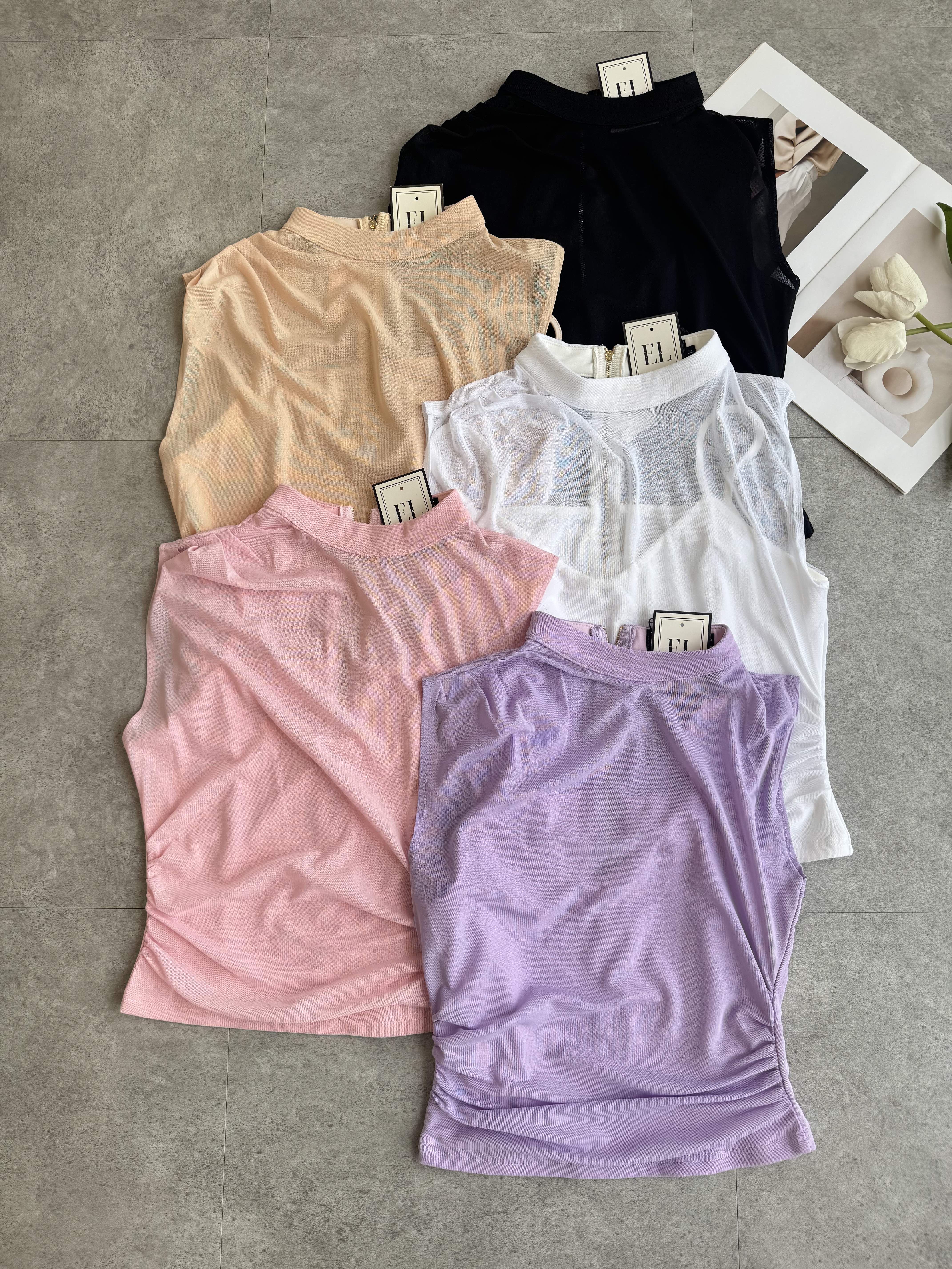 假两件网纱皱褶腰无袖上衣