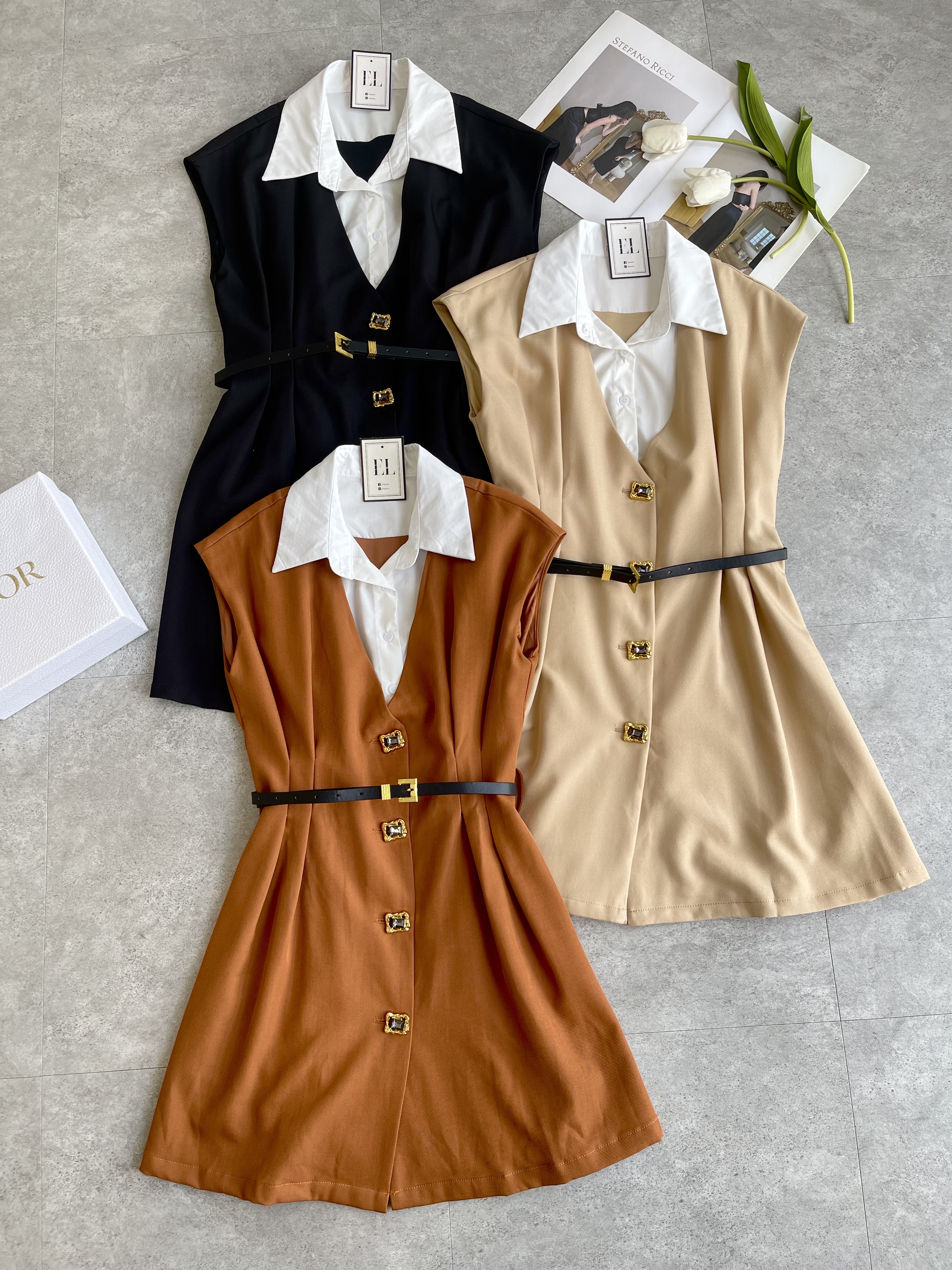 假两件宝石扣连身裙-腰带