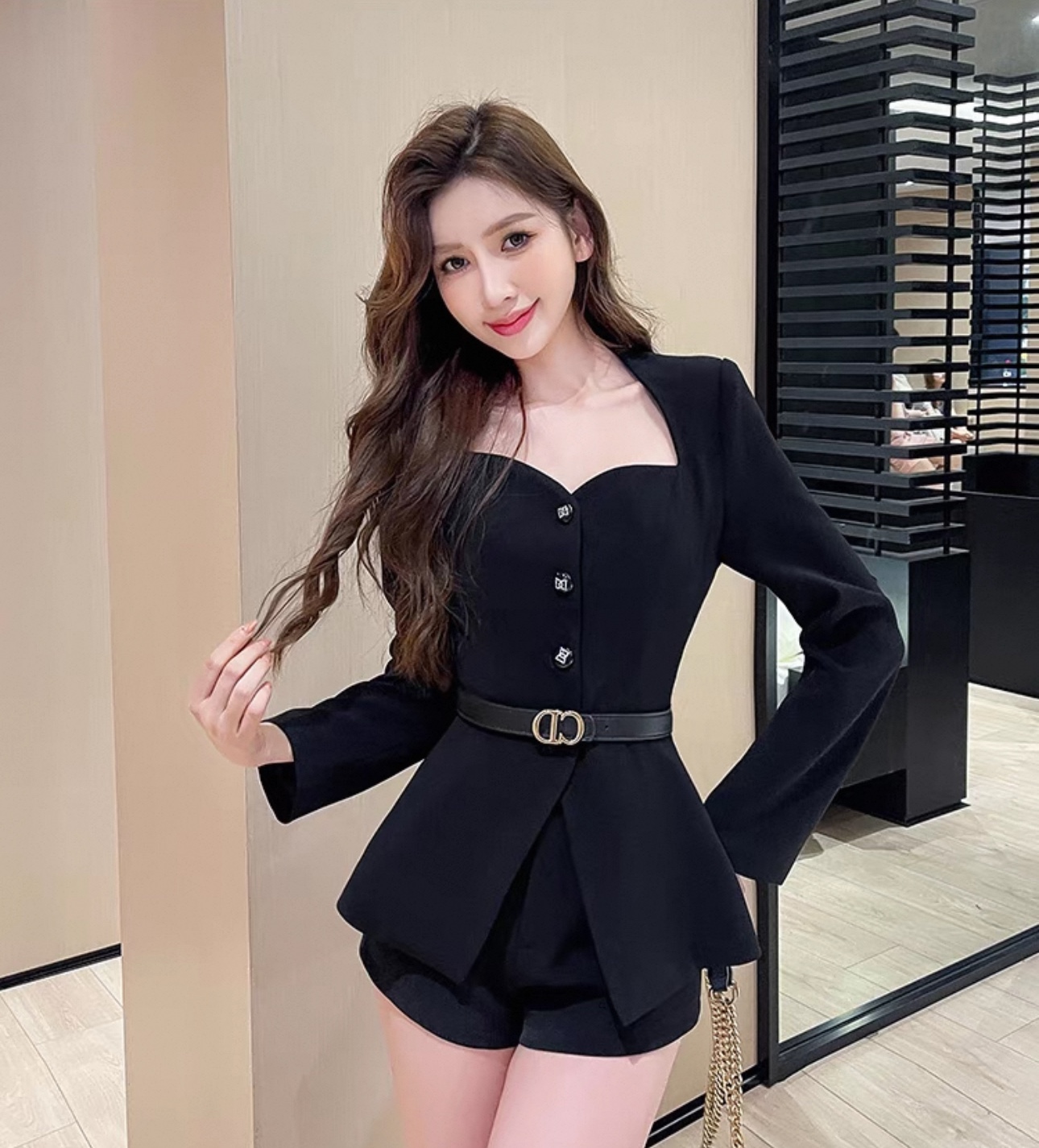 复古三角领长袖短裤套装-副送腰带