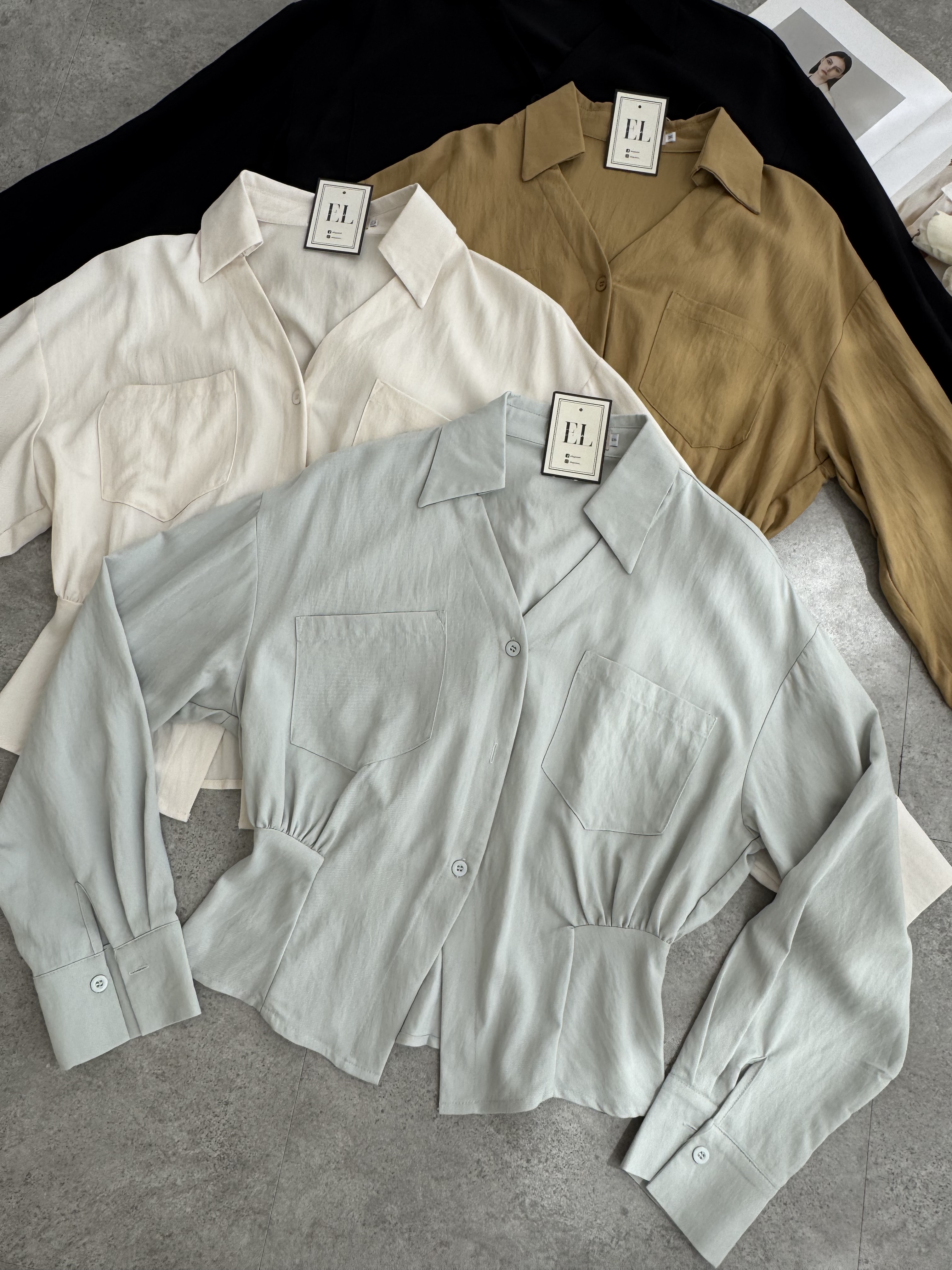 软麻感修腰设计V领长袖衬衫