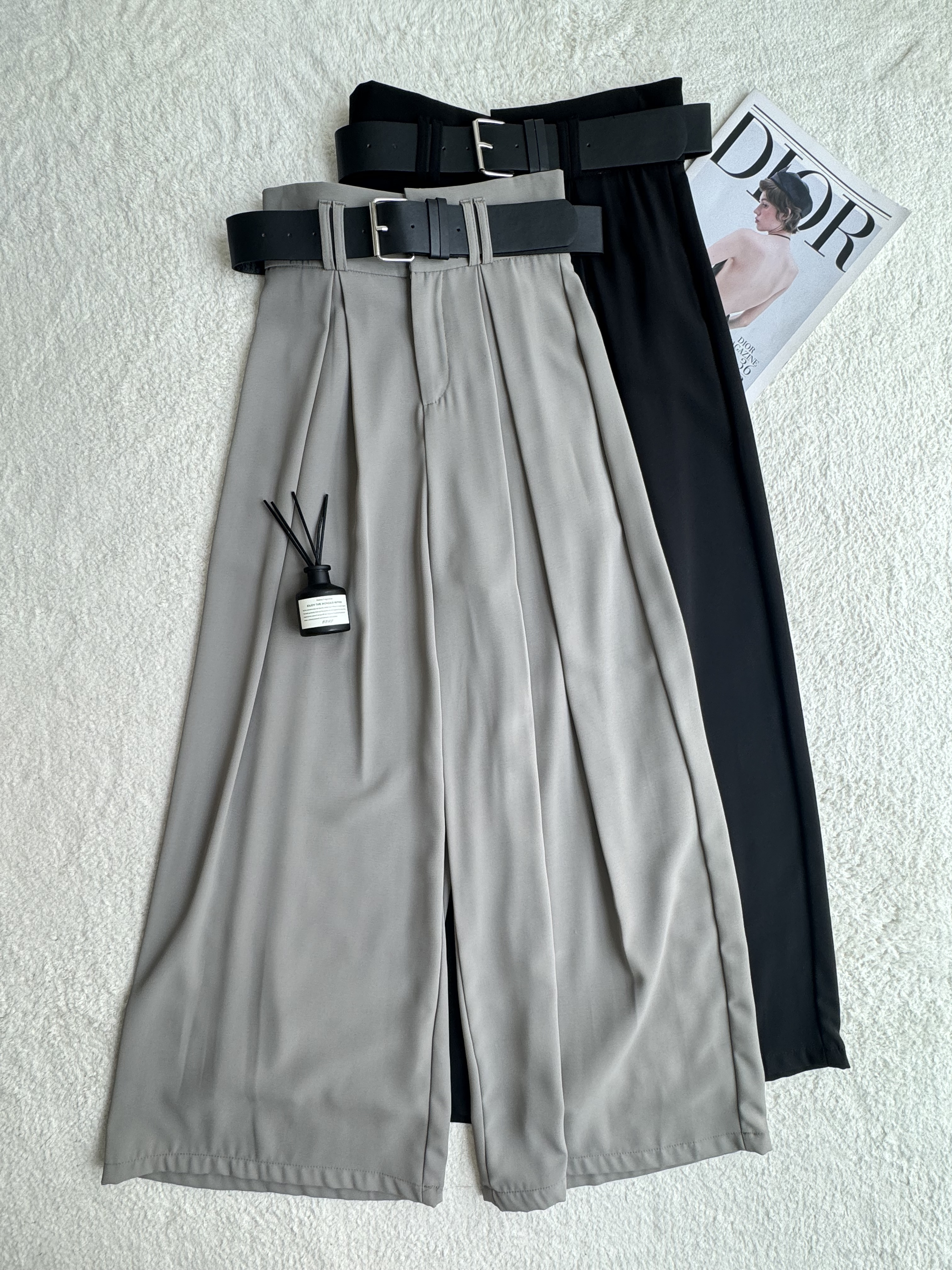滑面高开褶阔腿裤-附送腰带