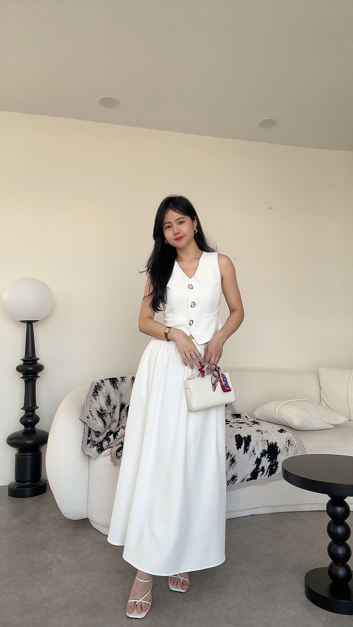  知性金扣拉链长裙套装