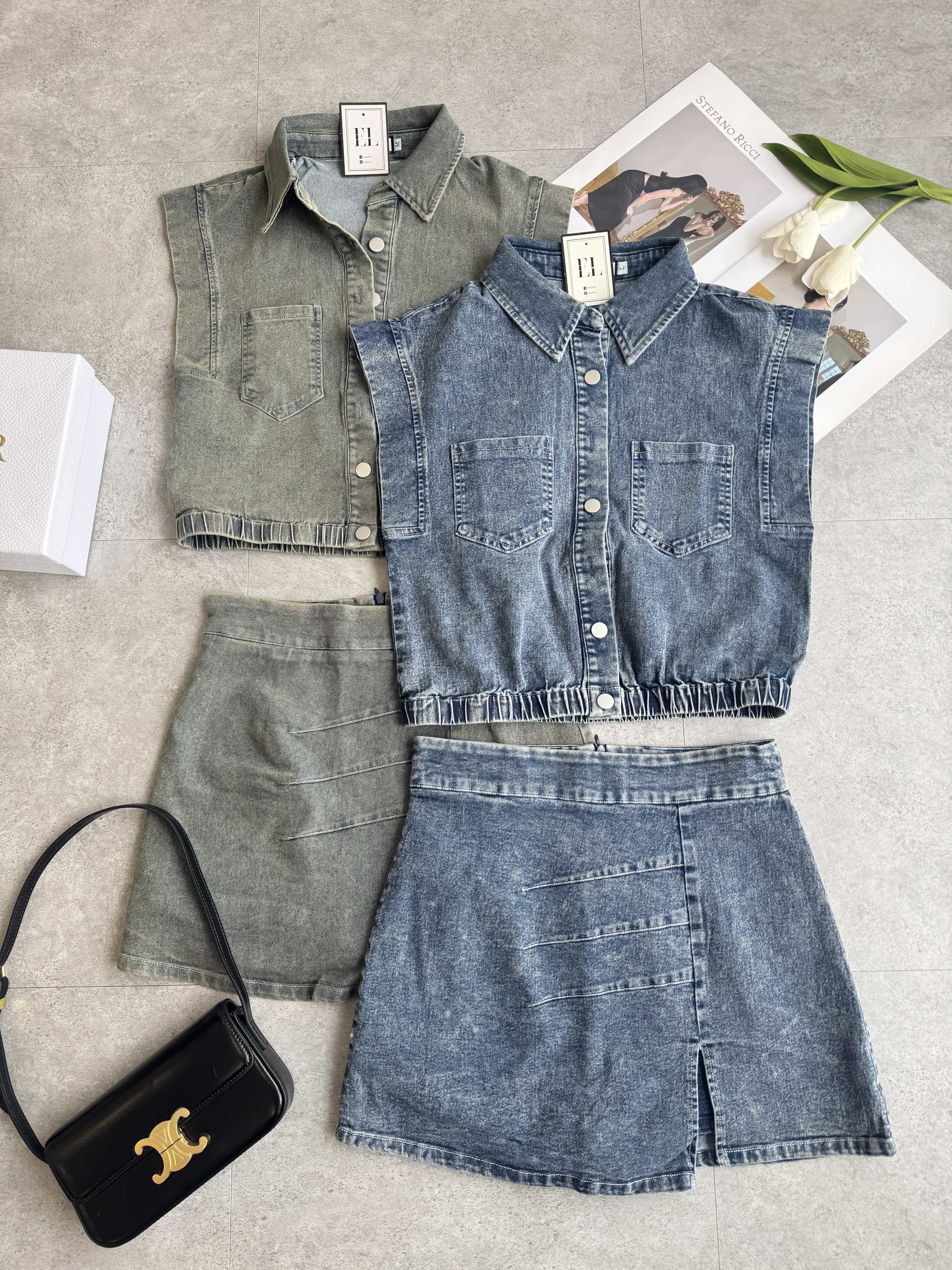 直角肩牛仔短裙套装