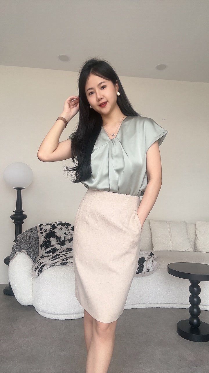 <EL高级系列>高级麻5分Pencil Skirt