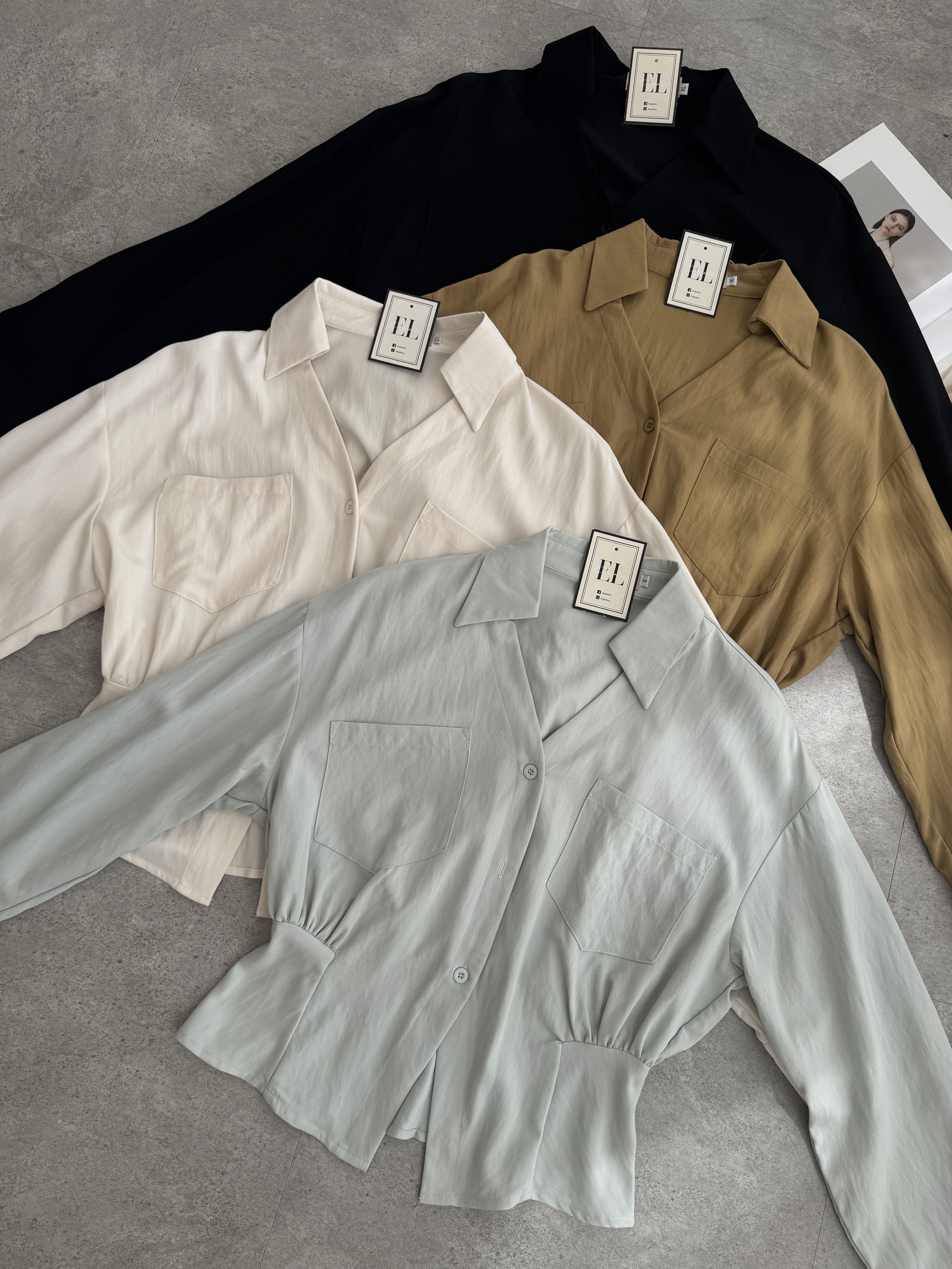 软麻感修腰设计V领长袖衬衫