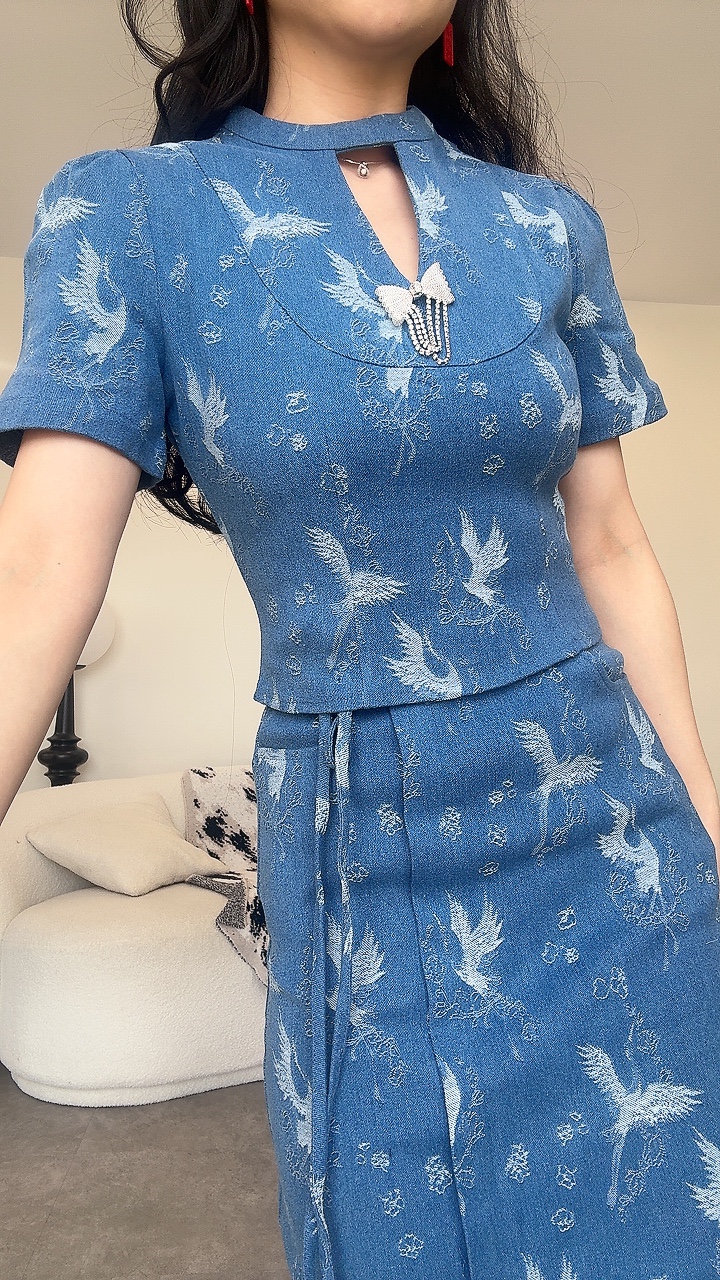 《新年》蝴蝶钻牛仔短袖长裙套装