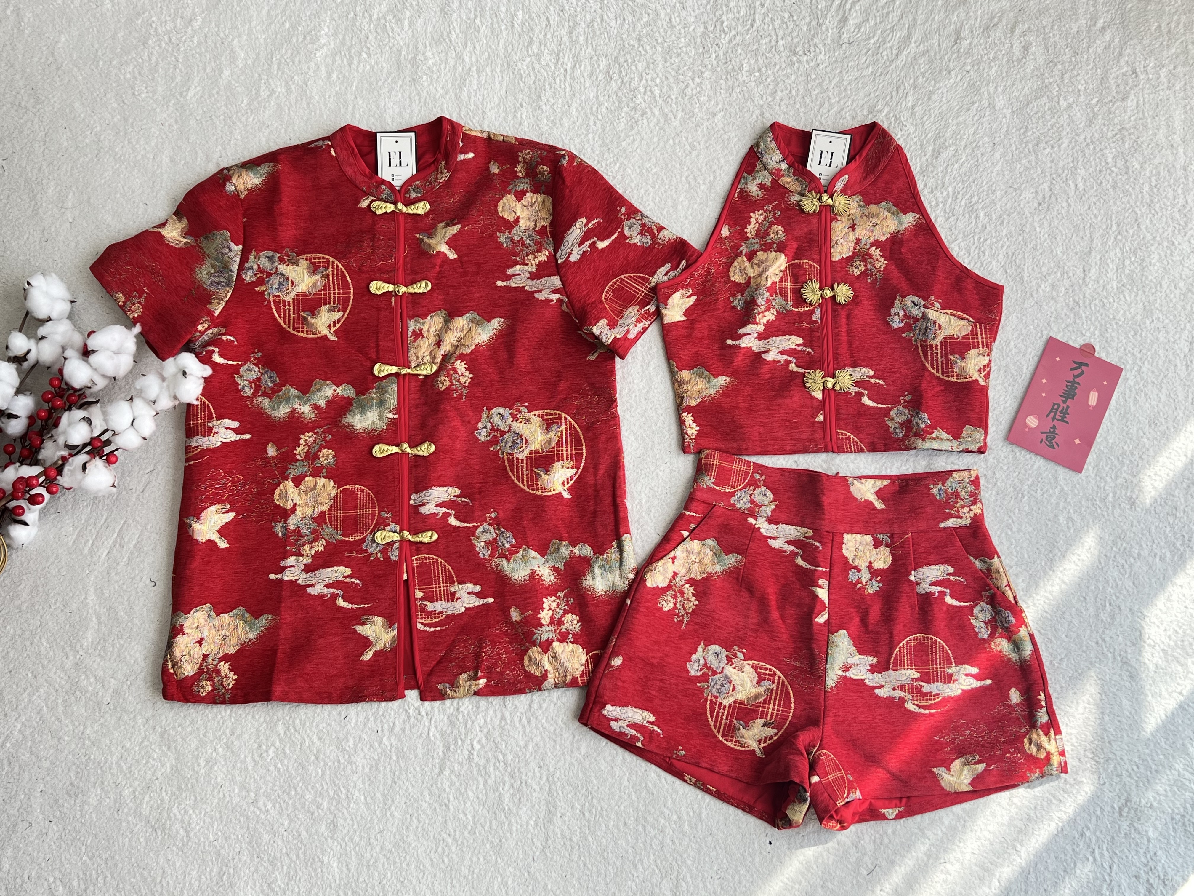 （情侣-男）金扣如意短裤旗袍套装