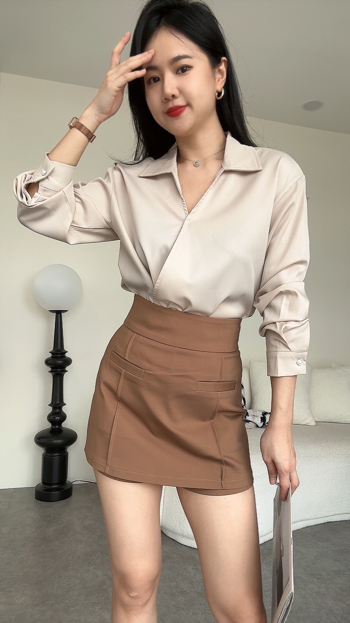 滑面v领衬衫裤裙套装