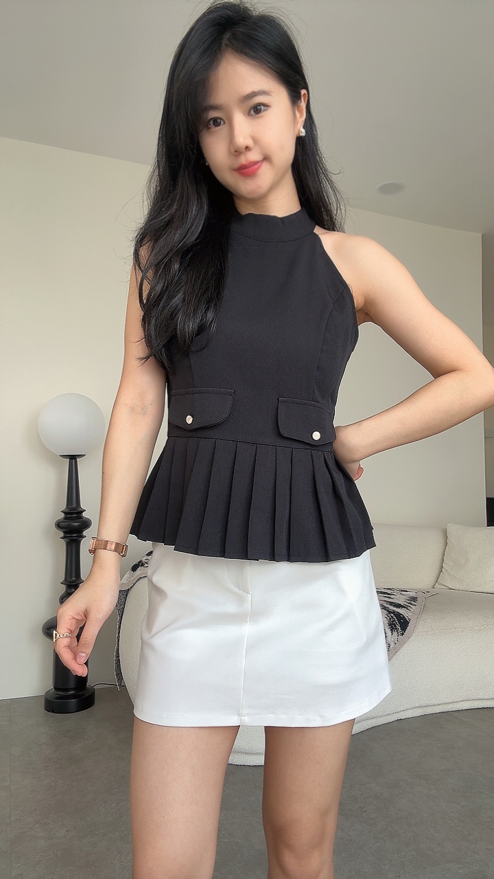 削肩百褶peplum top