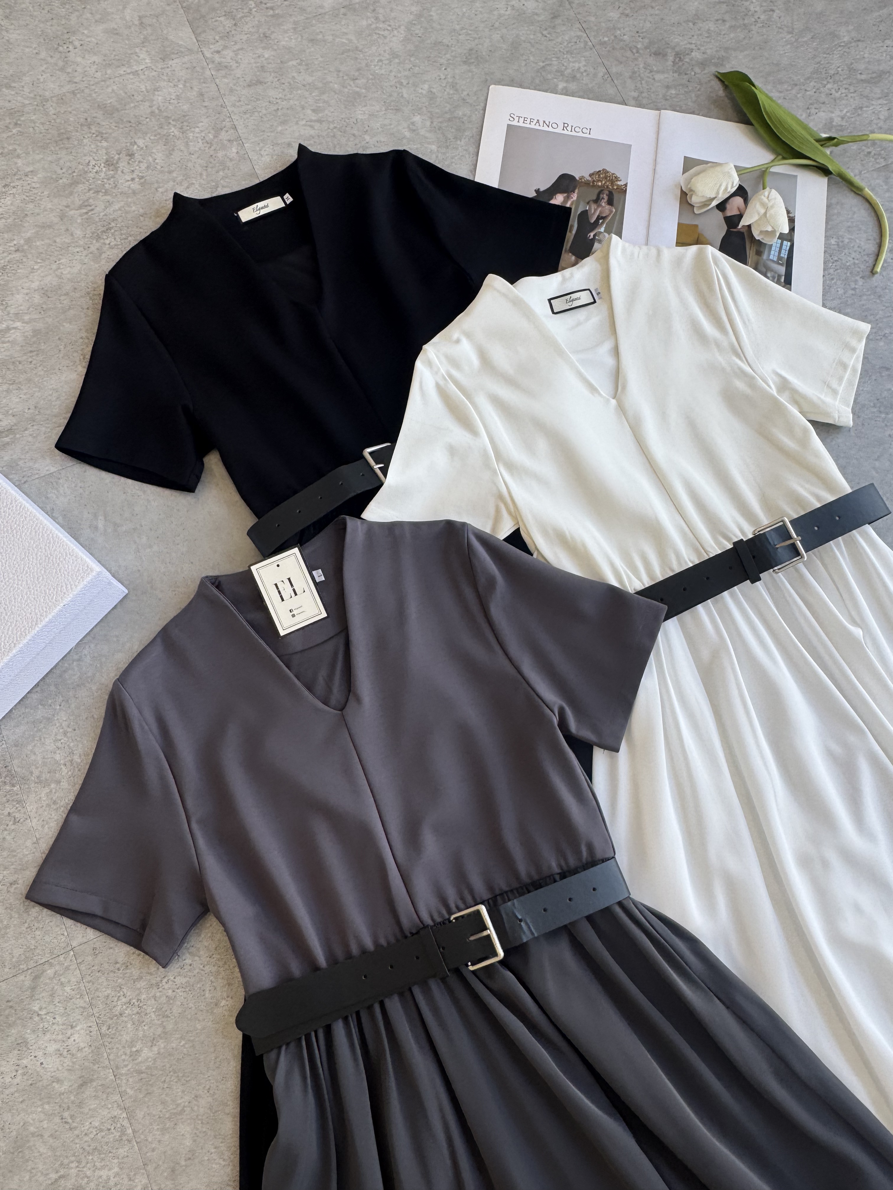 （厚）法式V领短袖连身长裙-腰带