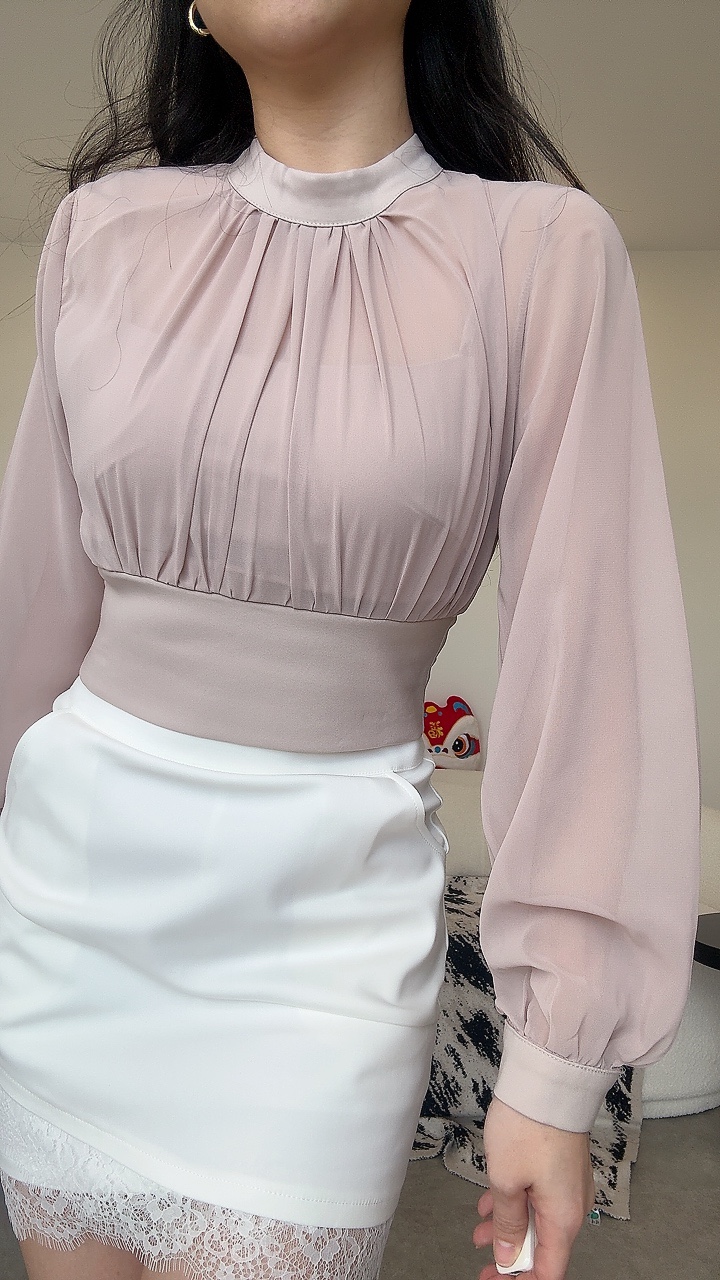 法式皱褶领雪纺长袖Top