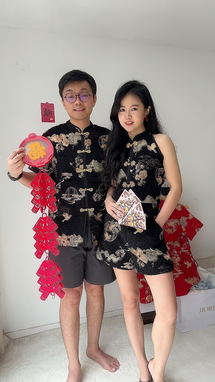 （情侣-男）金扣如意短裤旗袍套装