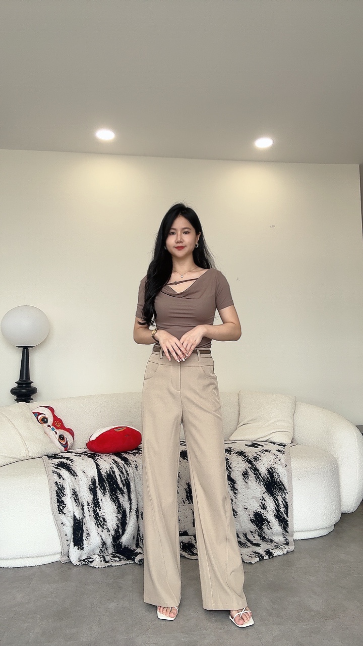 双层腰线直筒阔腿裤