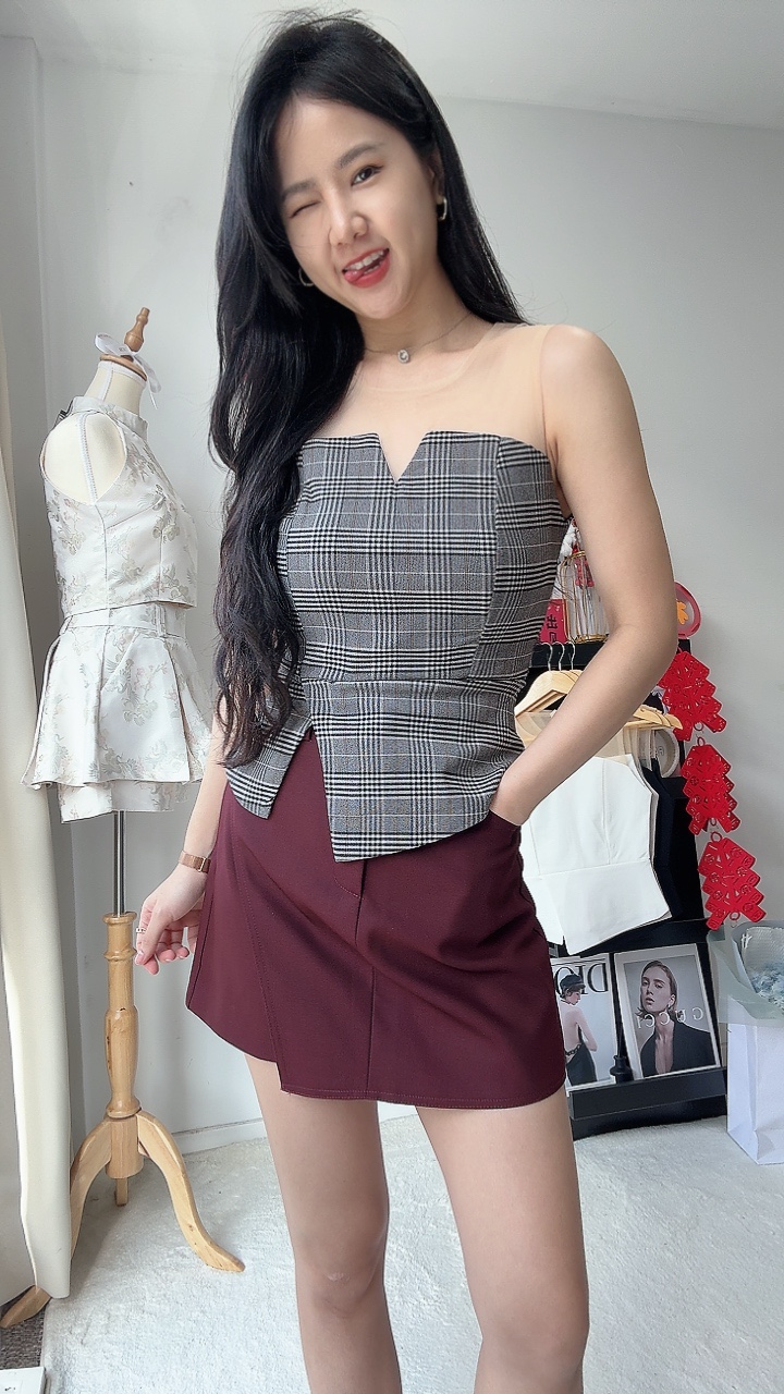 淑女抹胸+网纱拼接上衣