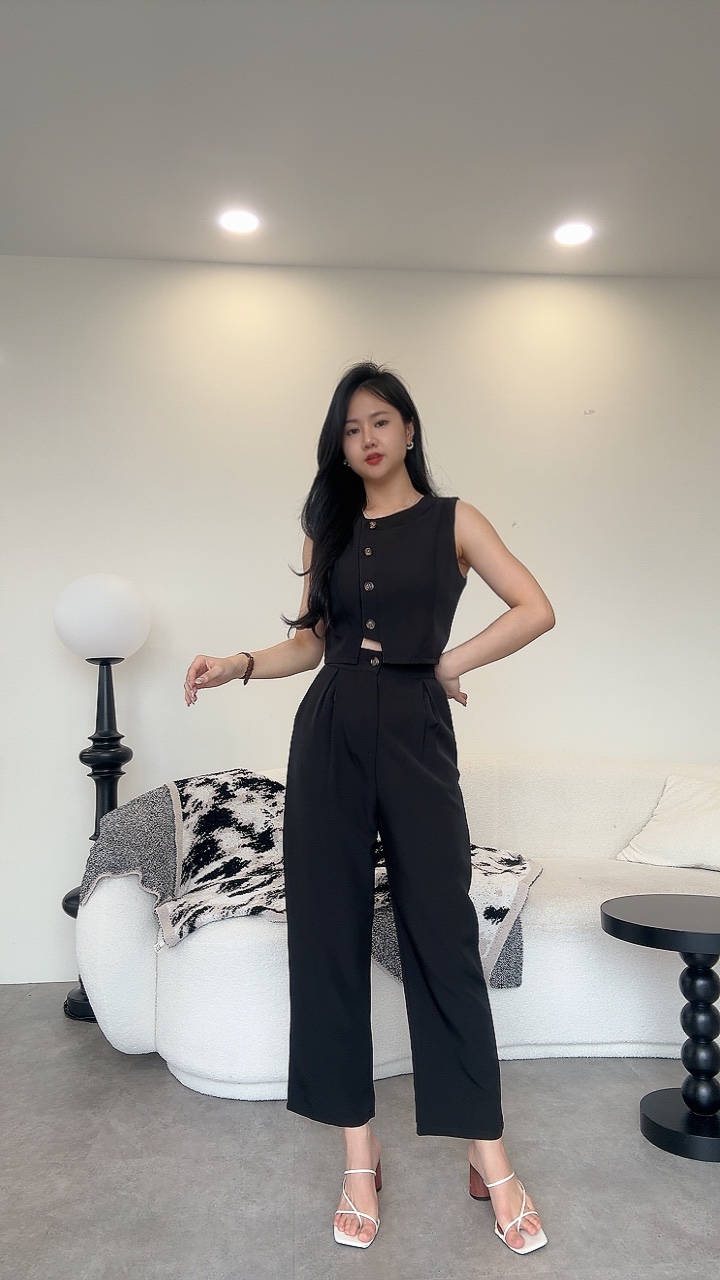 侧排纽无袖梨形版长裤套装（超高腰）
