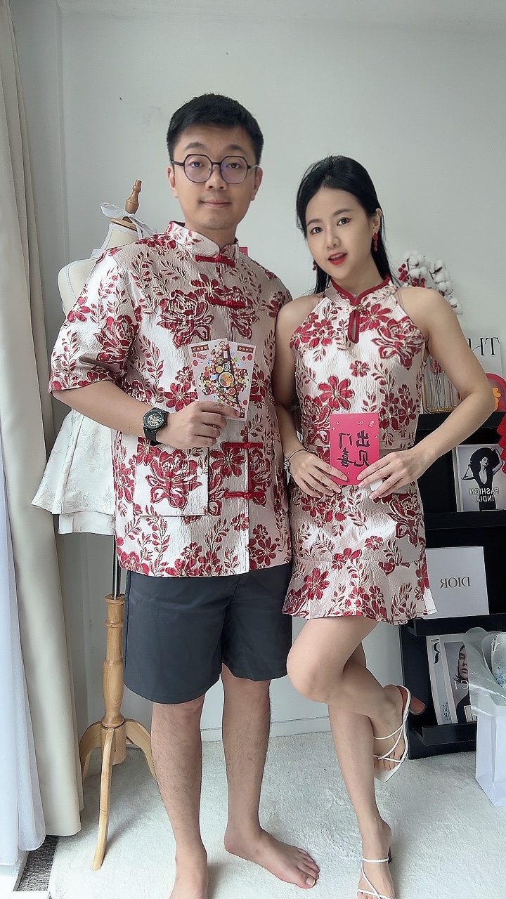 （情侣-女）金边绣旗袍挂脖短袖套装