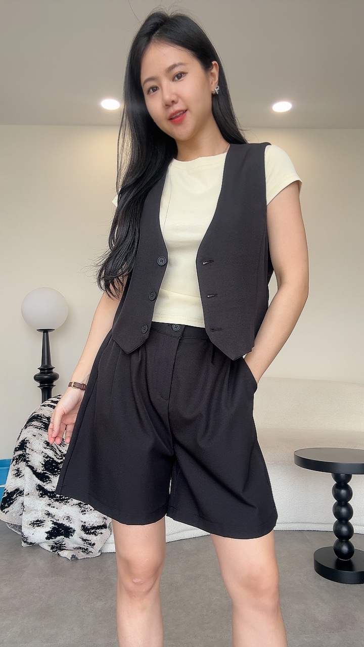 老钱4分低领马甲套装