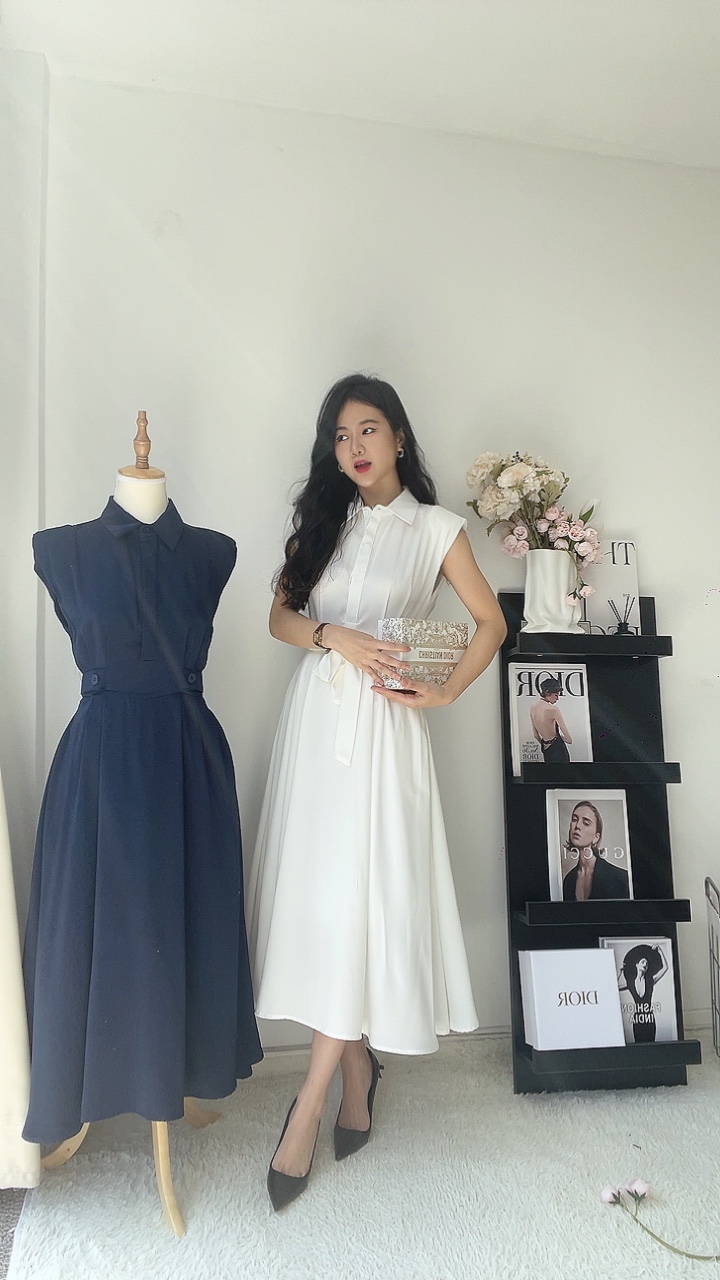 通勤垫肩无袖连身裙