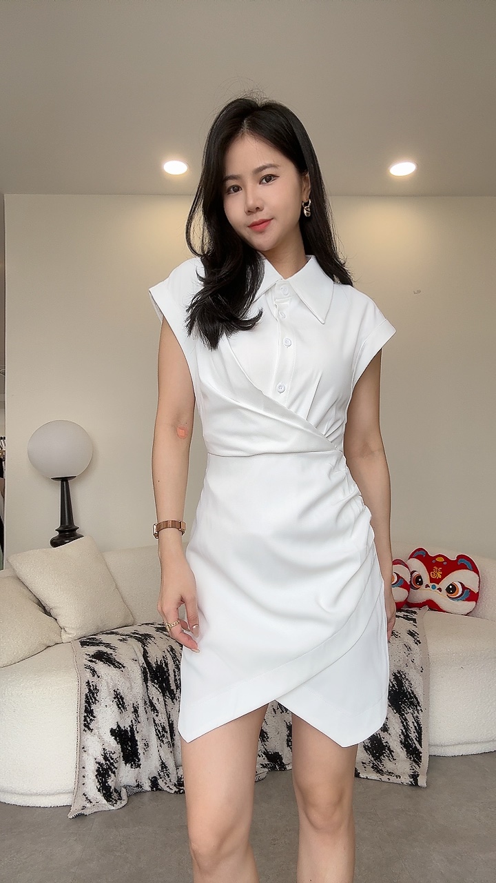过肩袖Collar滑面连身裙