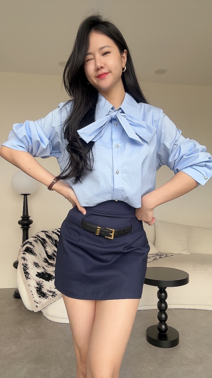 假两件内收腰蝴蝶结衬衫