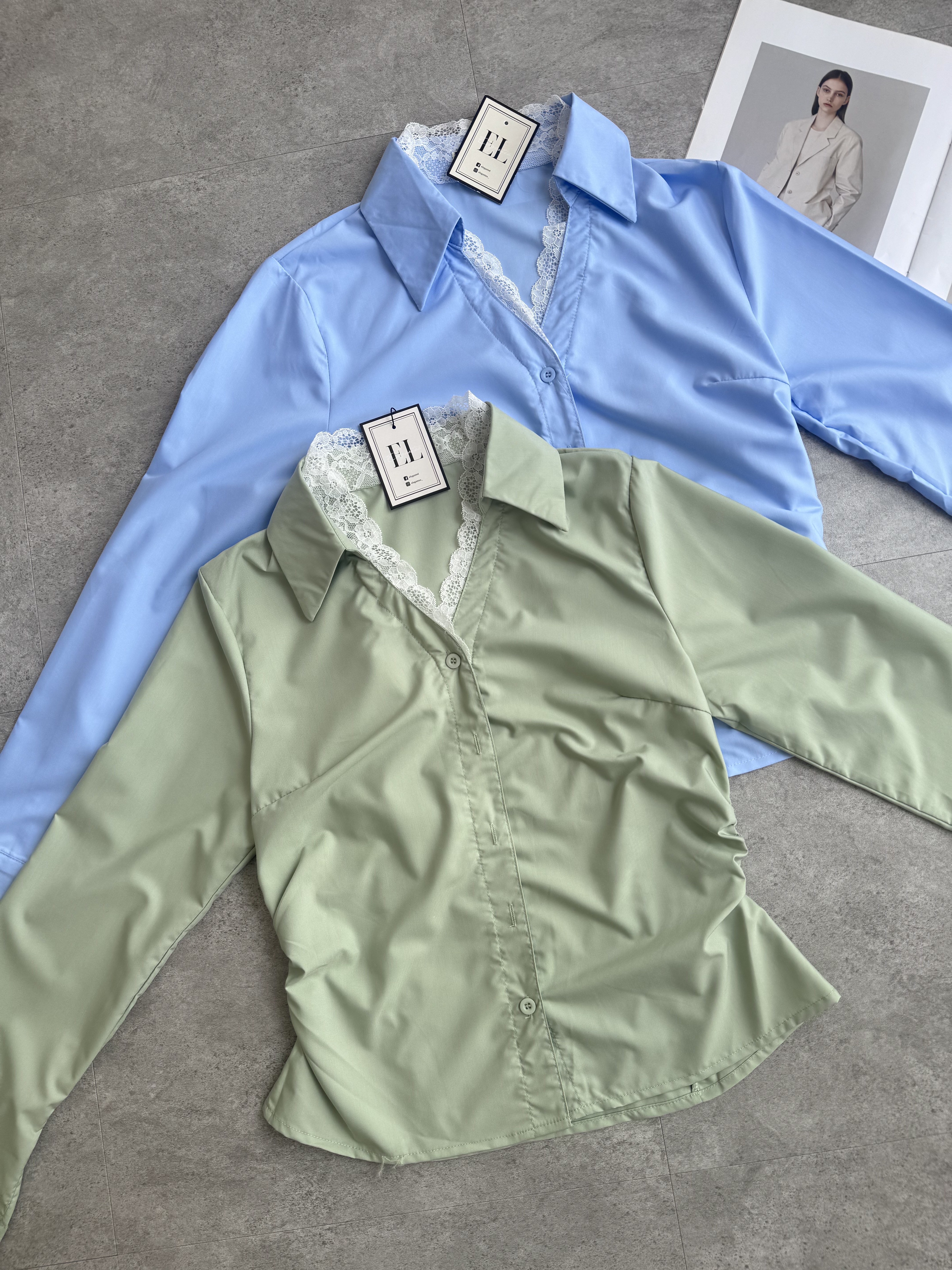 蕾丝边收腰长袖衬衫