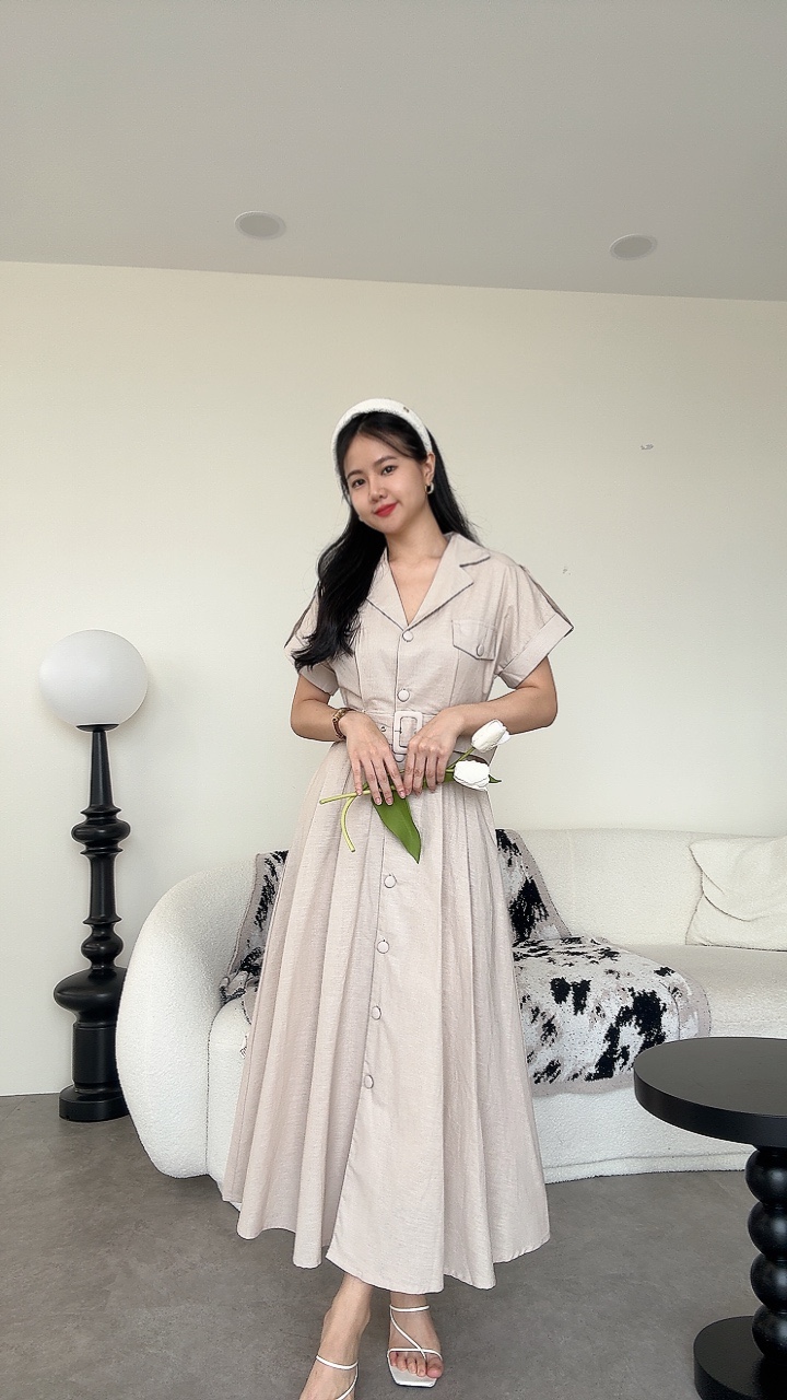 亚麻卷袖厚腰带连身裙