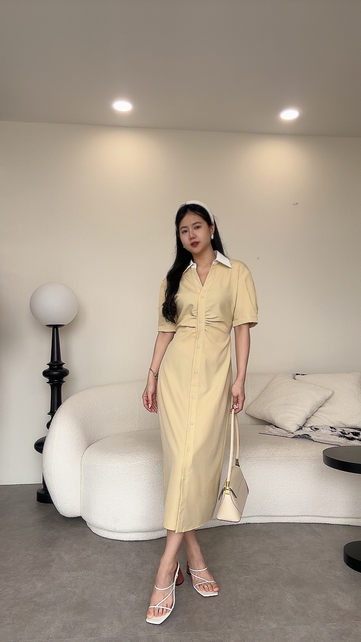 复古气质腰褶皱拼色Dress