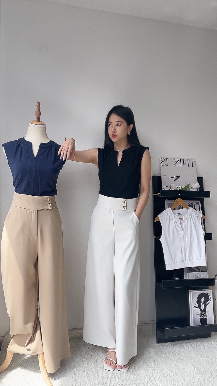 通勤金扣滑面直筒阔腿裤