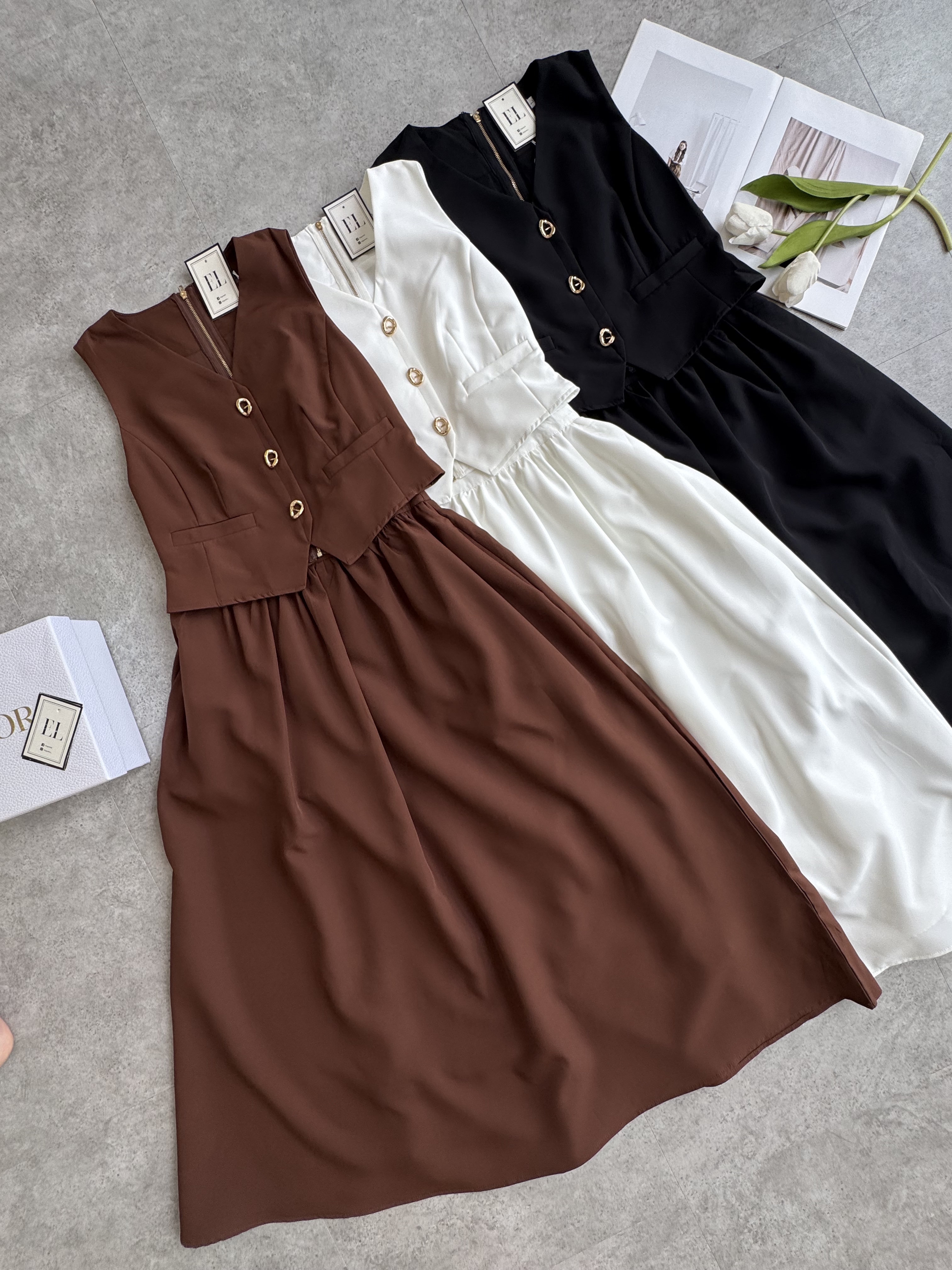 知性金扣拉链长裙套装