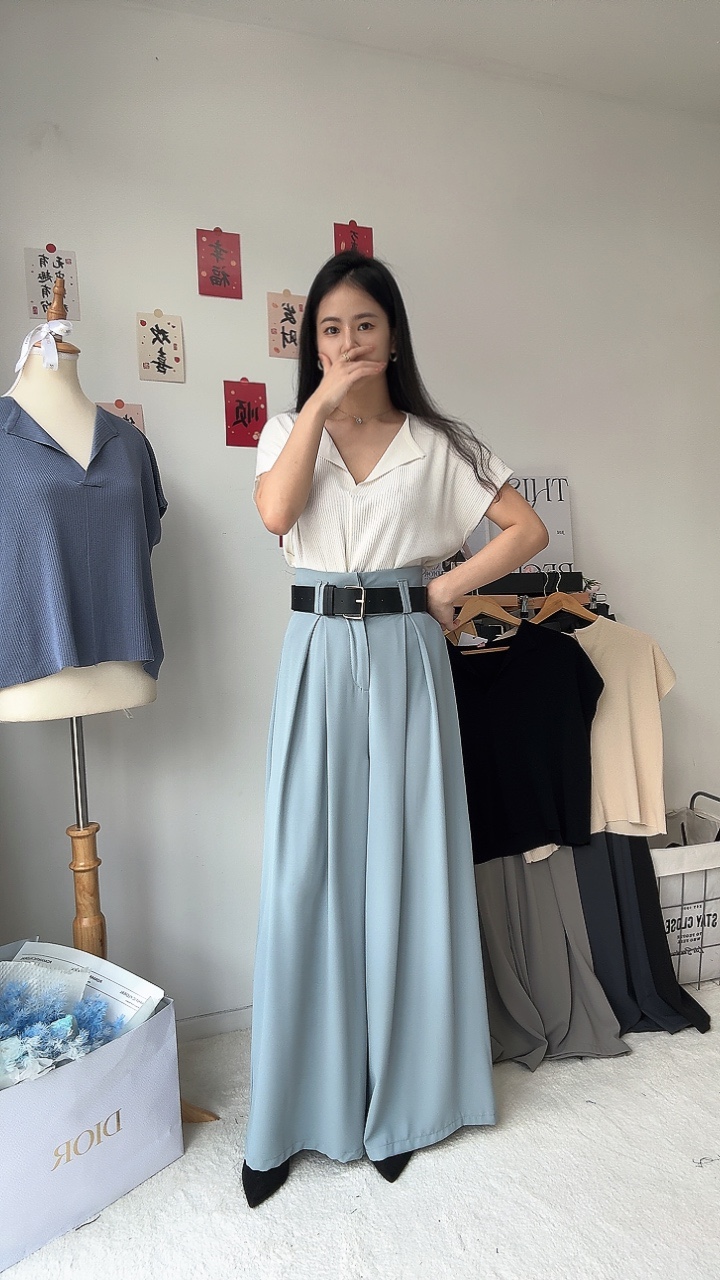 滑面高开褶阔腿裤-附送腰带