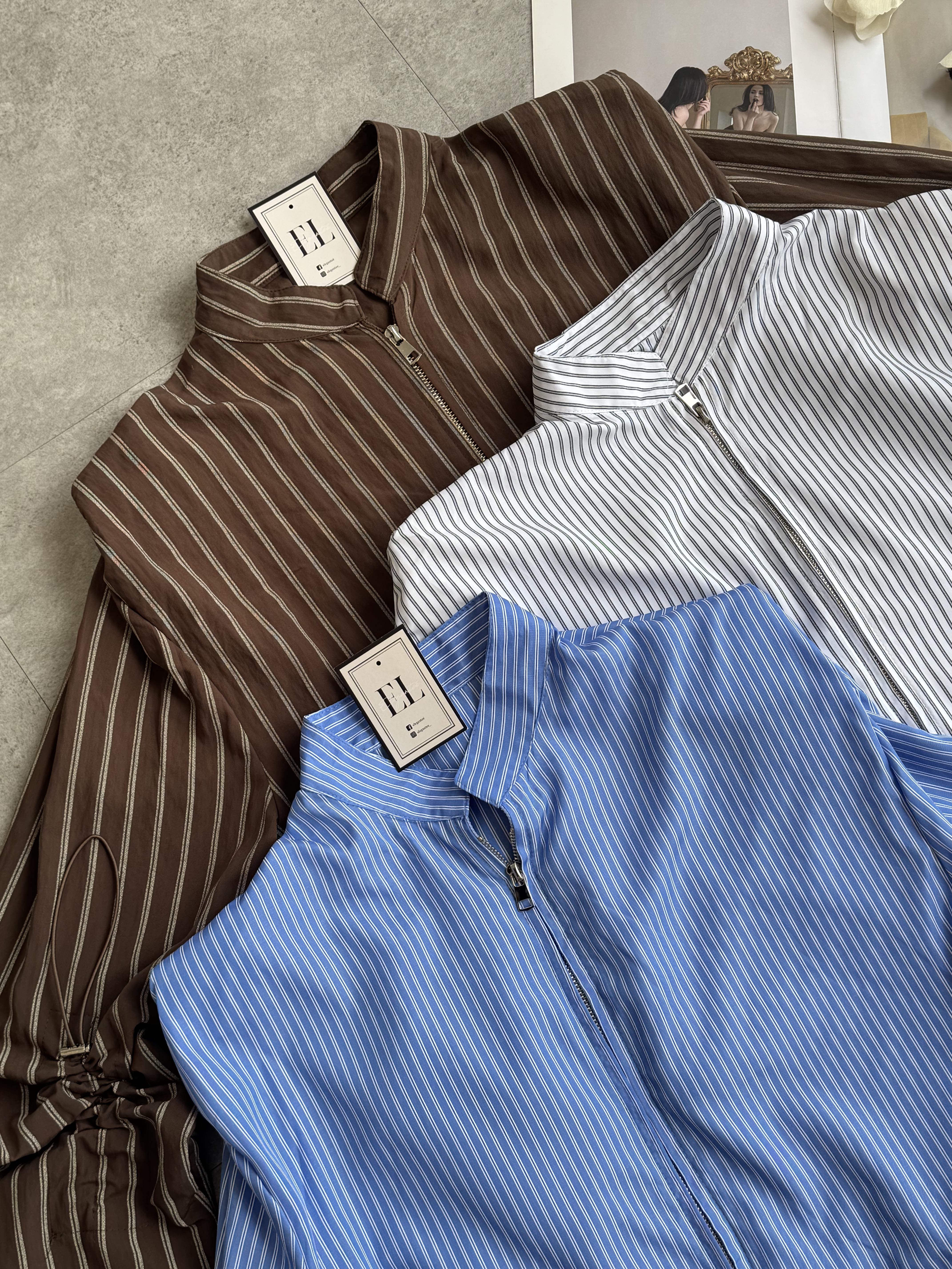 大女主垫肩松紧带长袖拉链衬衫