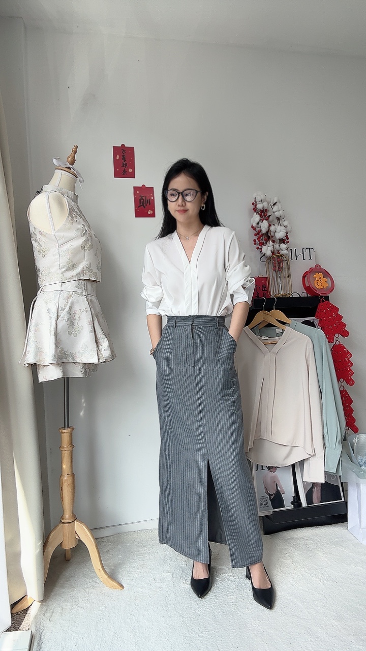 麻棉&滑面料前开叉显瘦直长裙