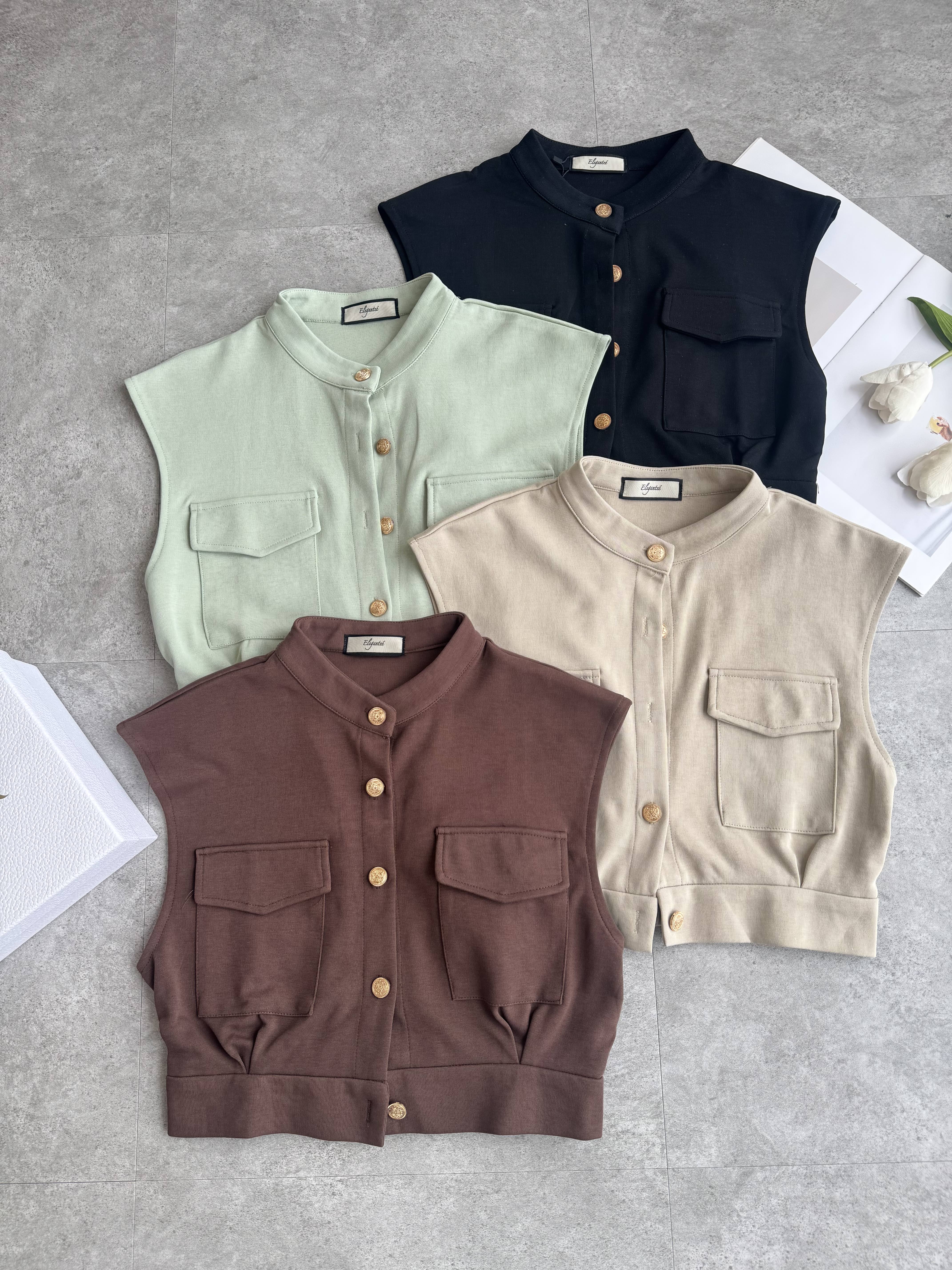 厚Cotton金扣弹性塑胶腰口袋上衣