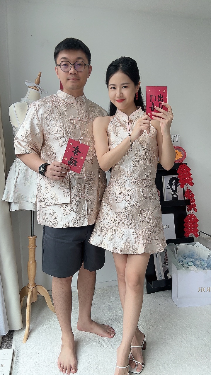 （情侣-女）金边绣旗袍挂脖短袖套装