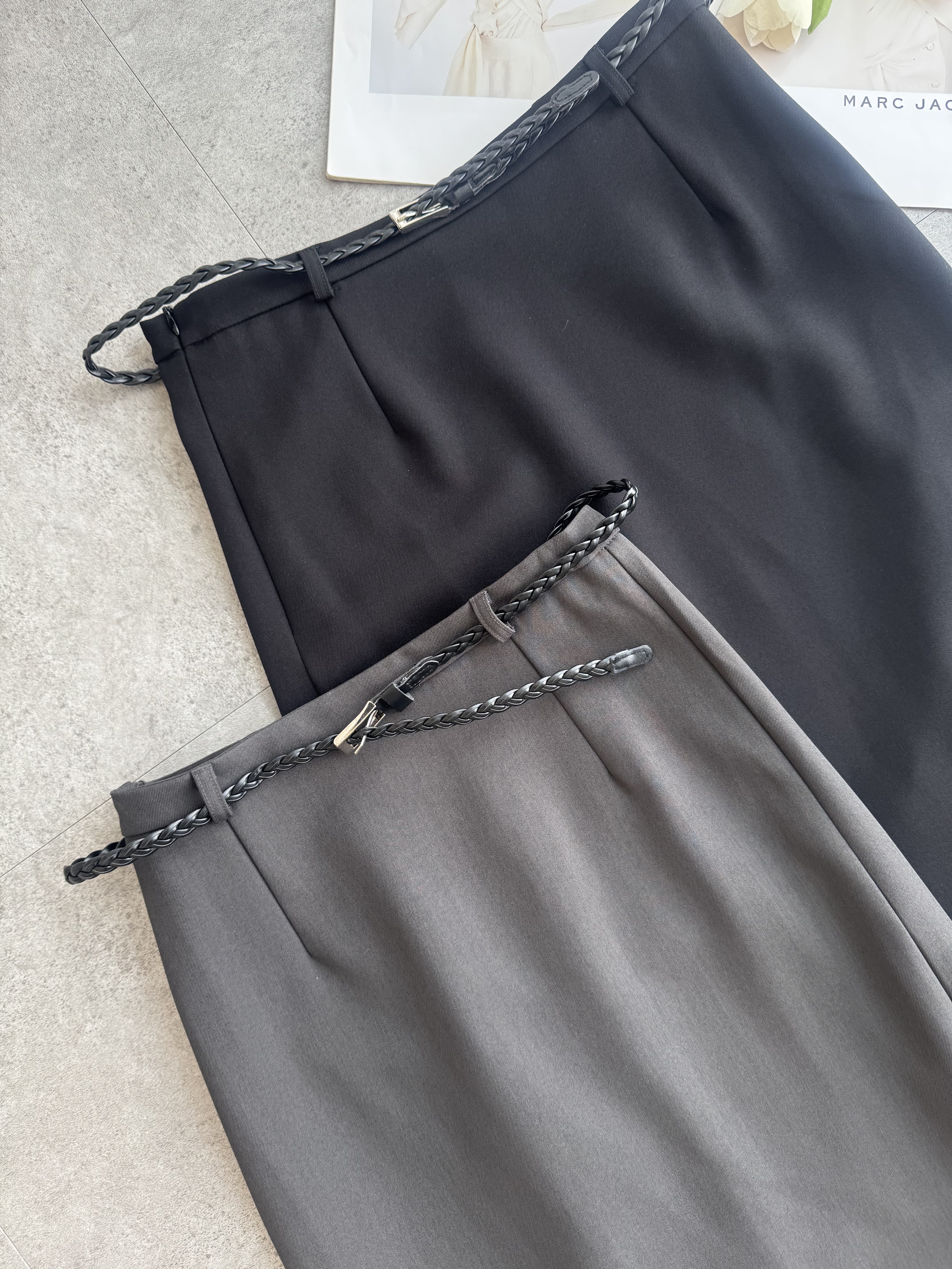 麻编腰带西装直筒长裙