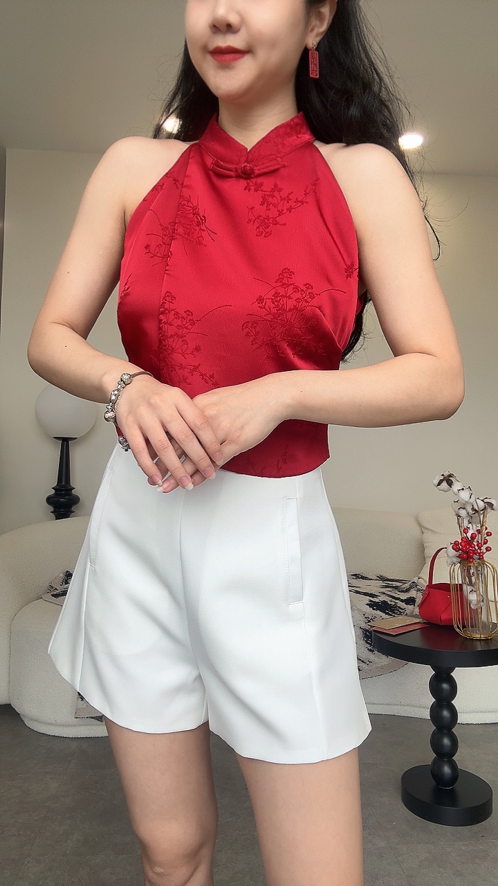 《新年》高级皱纹理压花削尖旗袍Top