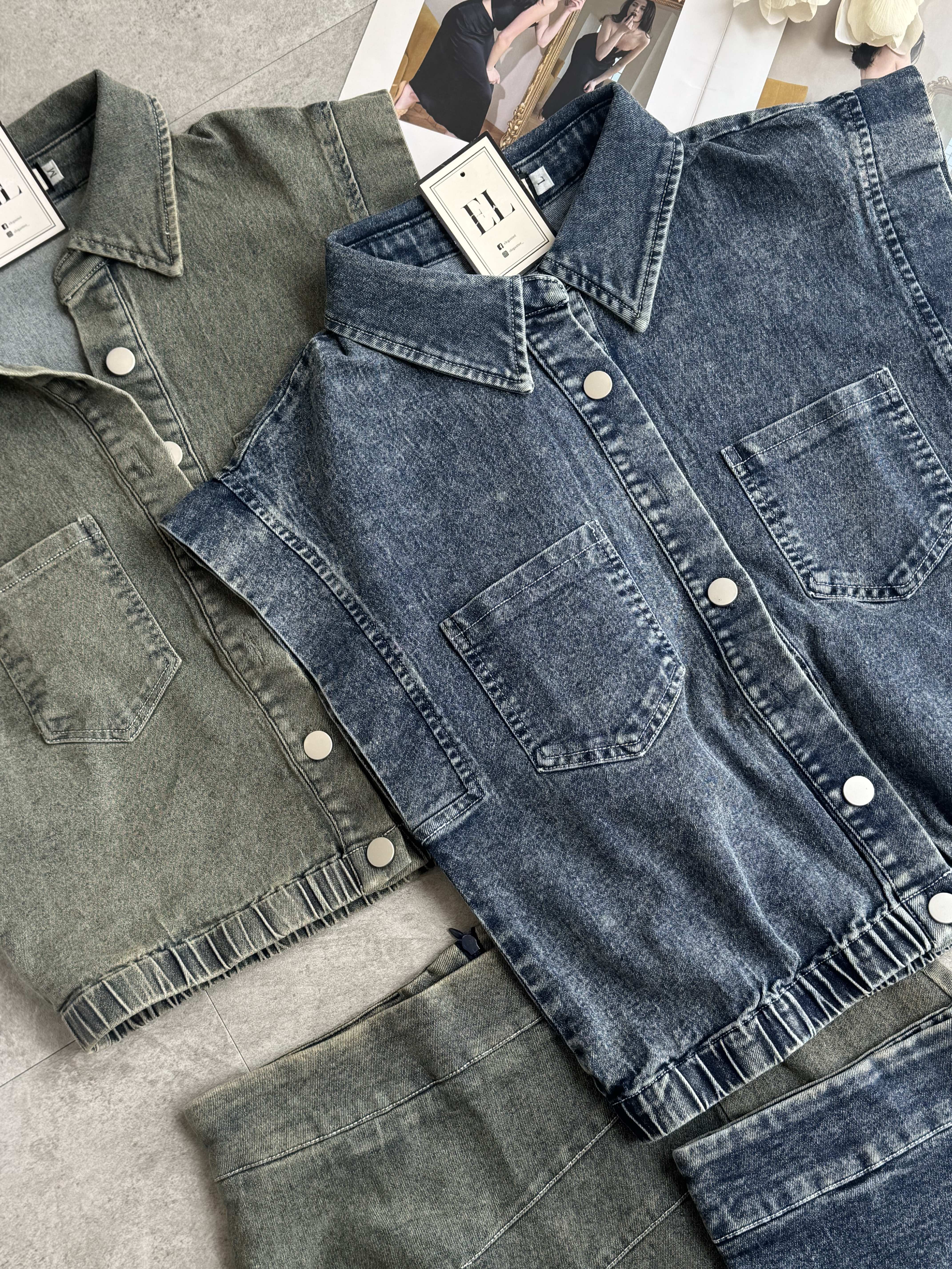 直角肩牛仔短裙套装