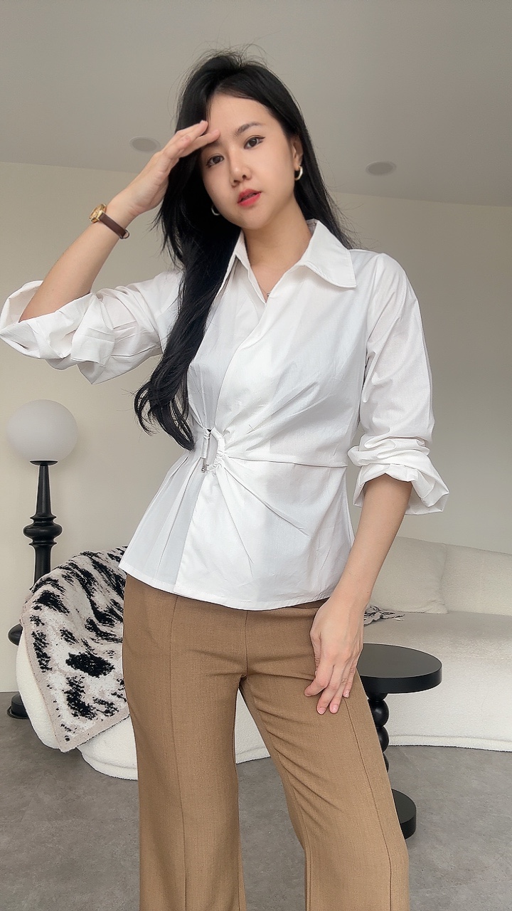 知性腰间设计扣长版衬衫