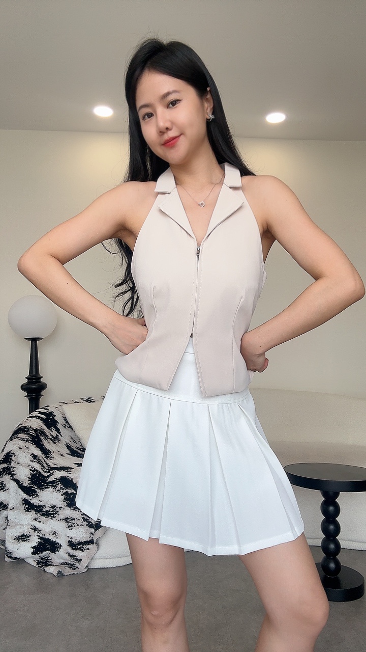 酷姐无袖滑面拉链挂脖Top