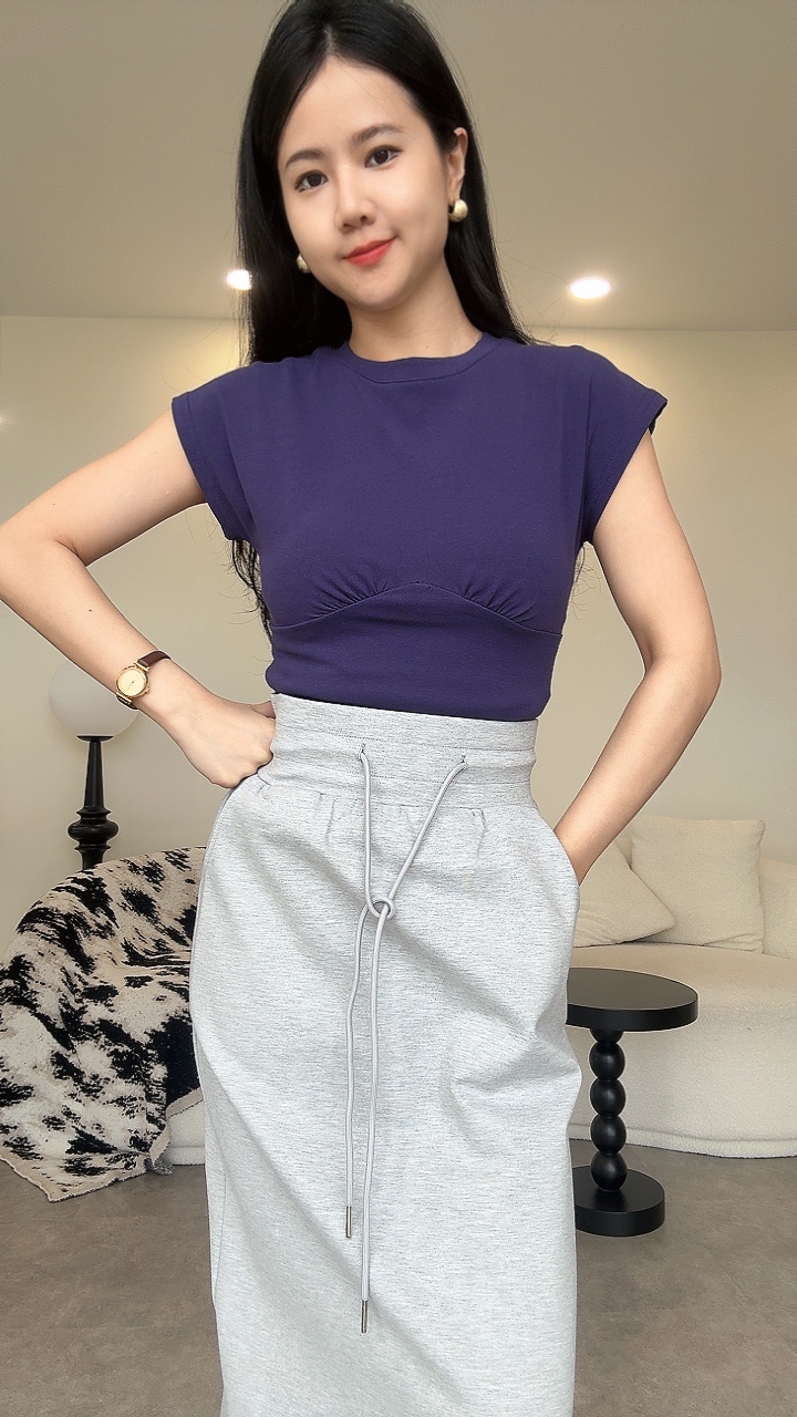 落肩袖胸前小折Tee