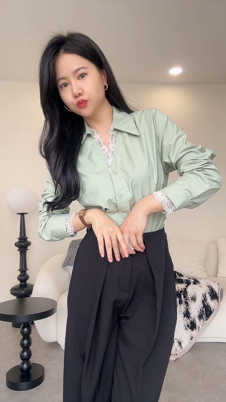 蕾丝边收腰长袖衬衫