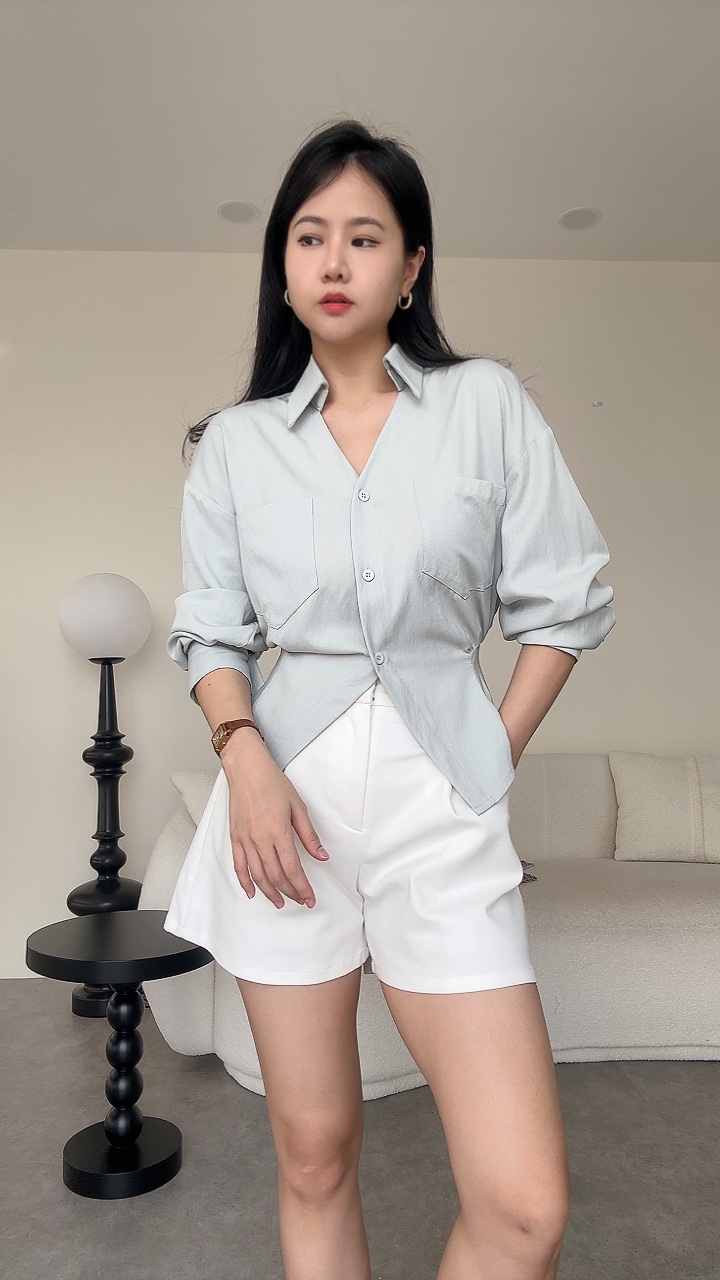 软麻感修腰设计V领长袖衬衫