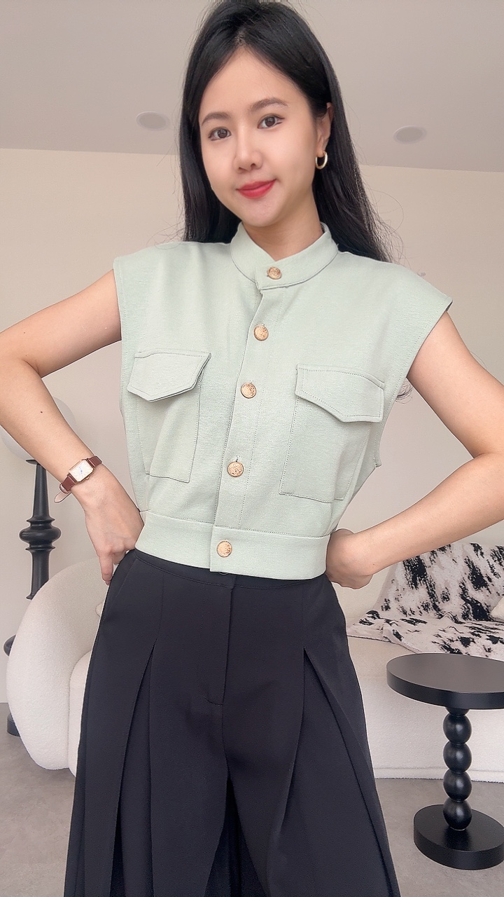 厚Cotton金扣弹性塑胶腰口袋上衣