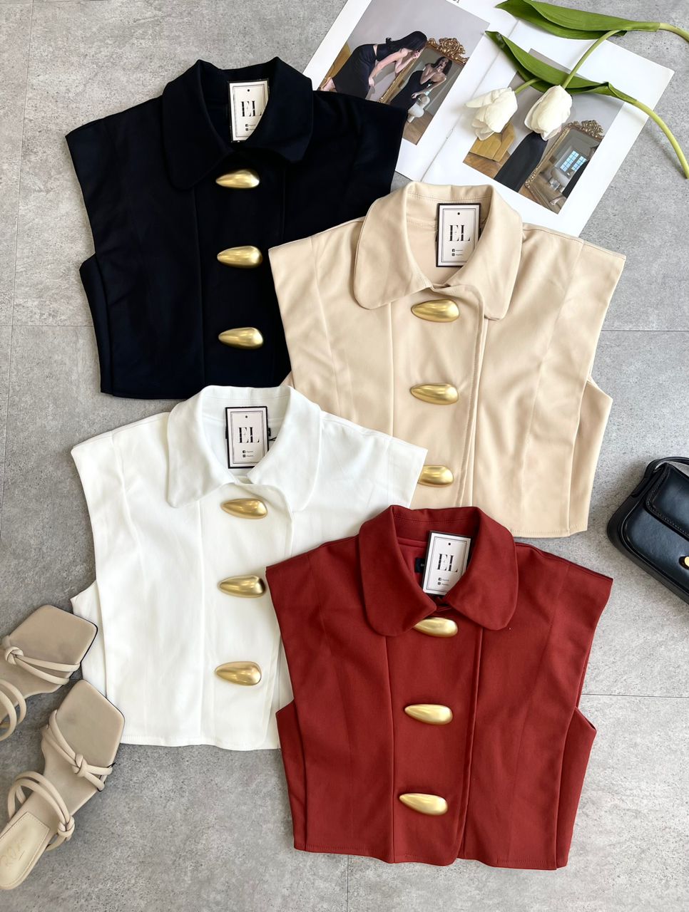 个性大椭圆金扣过肩袖Top