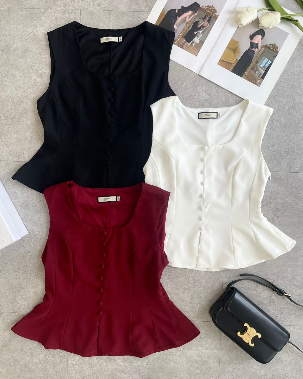 同色纽扣方领peplum马甲