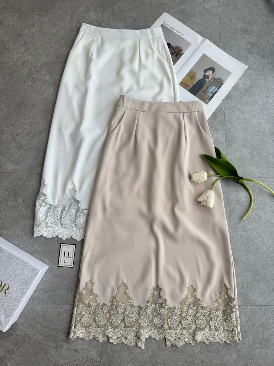 蕾丝边滑面长裙